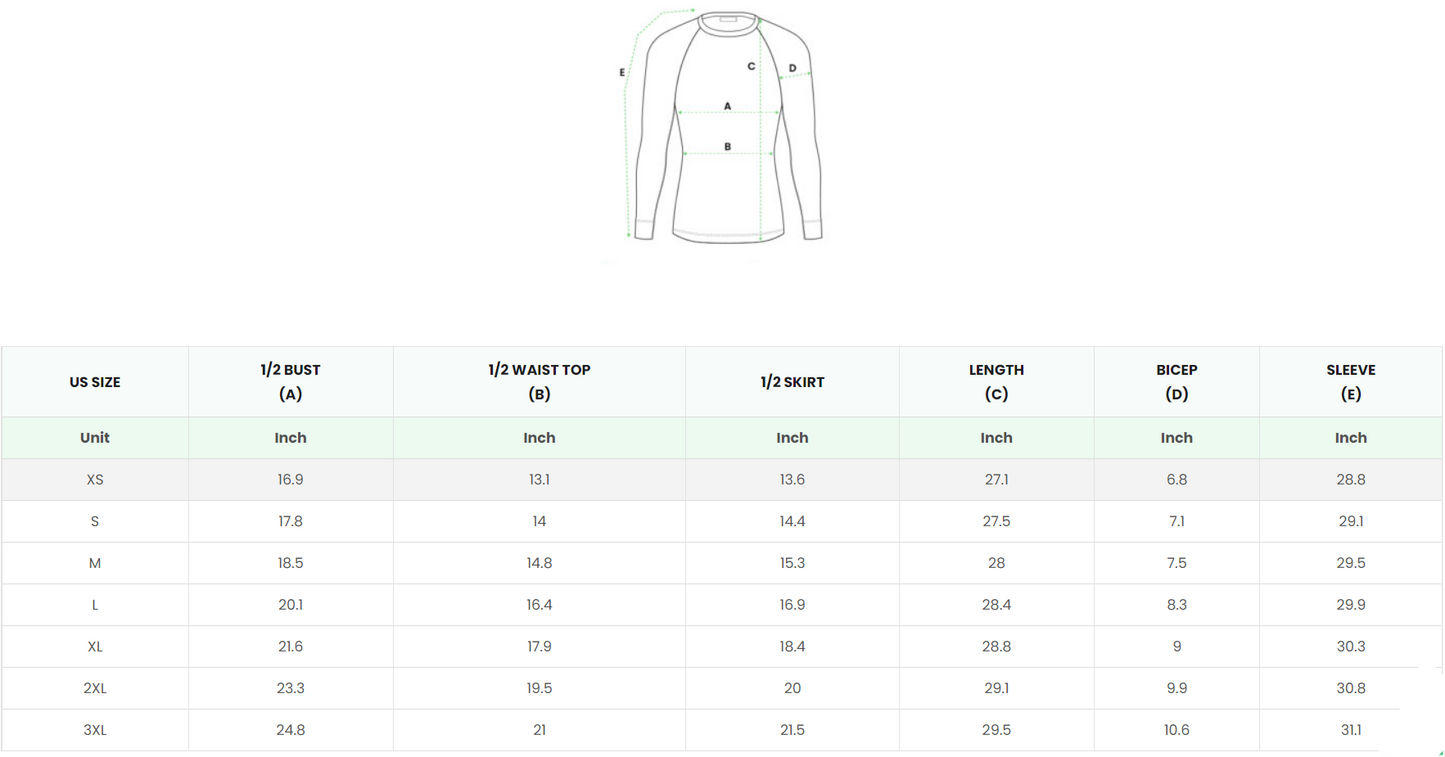 rash guard size chart
